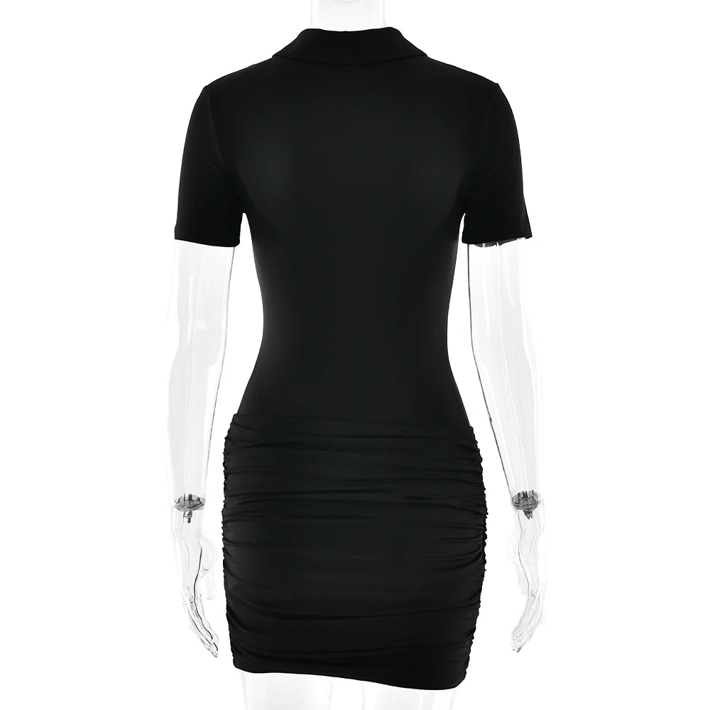 Sibybo Polo Collar Zipper Women Jumpsuits Set Short Sleeve High Elastic Rompers Ruched Bodycon Skirt Spring Casual Matching Sets