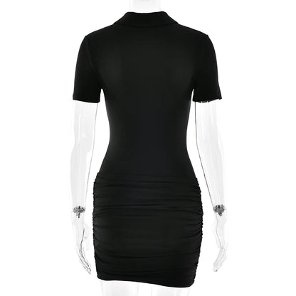 Sibybo Polo Collar Zipper Women Jumpsuits Set Short Sleeve High Elastic Rompers Ruched Bodycon Skirt Spring Casual Matching Sets