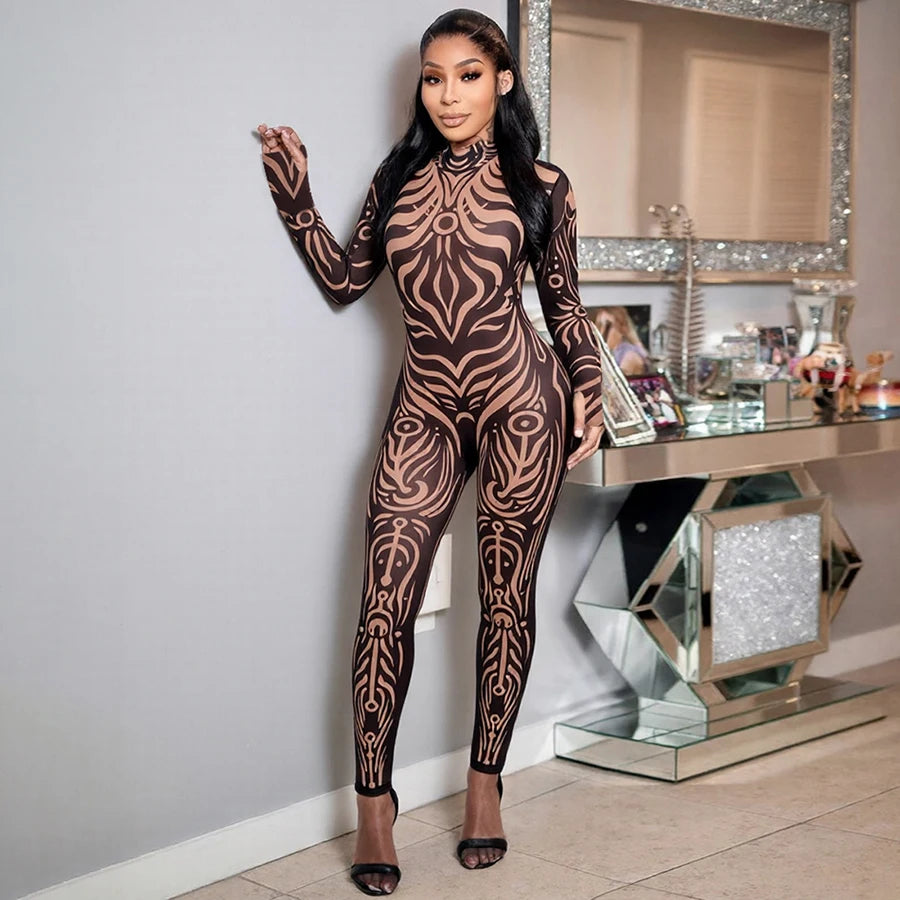 Weird Puss Sexy Striped Print Jumpsuits Women Wild Style Turtleneck Full Sleeve Midnight Party Club Stretch Streetwear Overalls