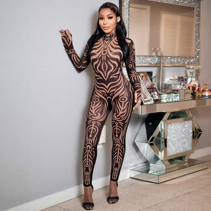 Weird Puss Sexy Striped Print Jumpsuits Women Wild Style Turtleneck Full Sleeve Midnight Party Club Stretch Streetwear Overalls