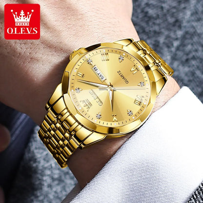 OLEVS Original Waterproof Men's Watches Diamond Mirror Quartz Watch for Man Luminous Stainless Steel Wristwatch Male Date Week