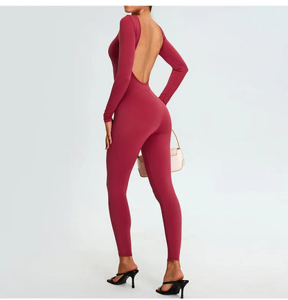 New Summer Sexy V Back Gym Sports Jumpsuit Yoga Clothes Rompers Women Long Sleeveles Workout Bodysuits Backless One-piece Suit