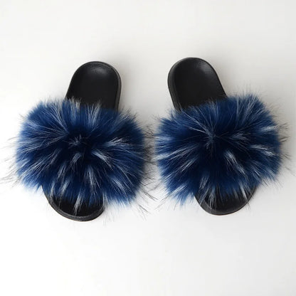 Women's Summer Faux Fur Fox Fur Slippers Fashion Luxury Indoor and Outdoor Non-Slip Solid Color Flat Bottom Furry Sandals