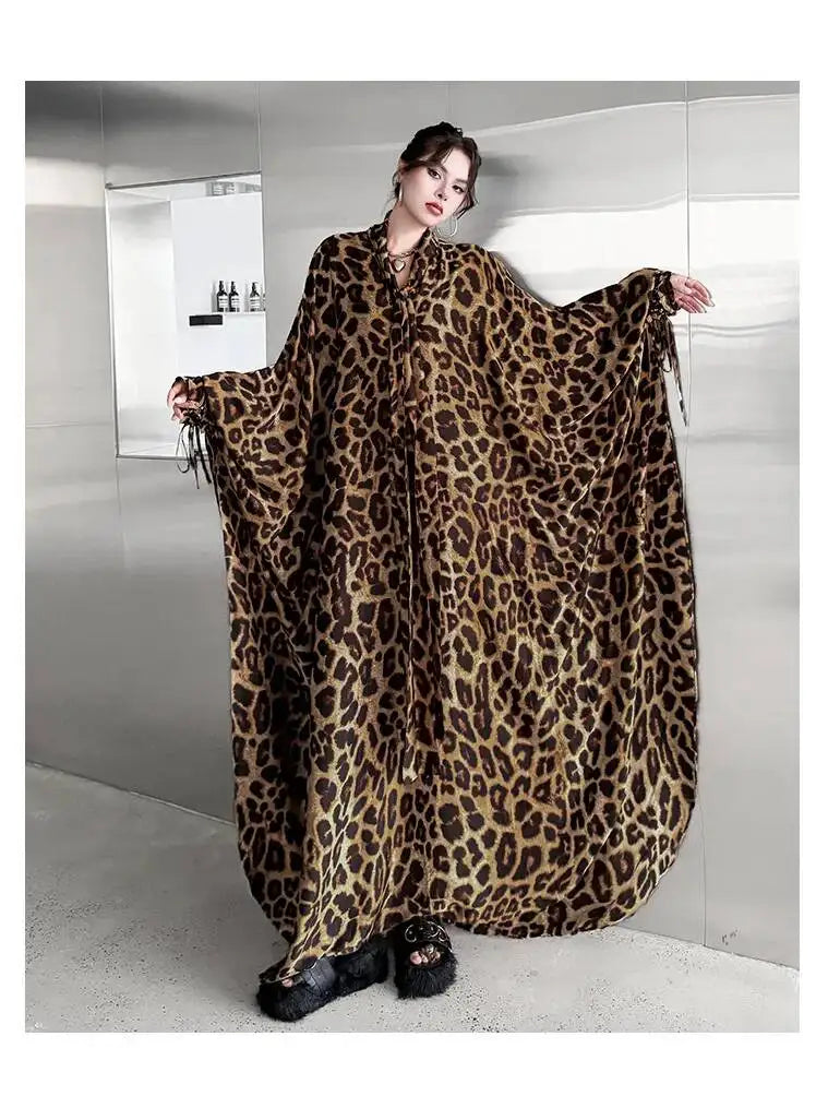 Leopard Print Loose Bat-sleeve Dress Women Summer Stand-up Collar Tie-waist Oversize Slimming Casual Long Dress XY420