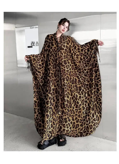 Leopard Print Loose Bat-sleeve Dress Women Summer Stand-up Collar Tie-waist Oversize Slimming Casual Long Dress XY420