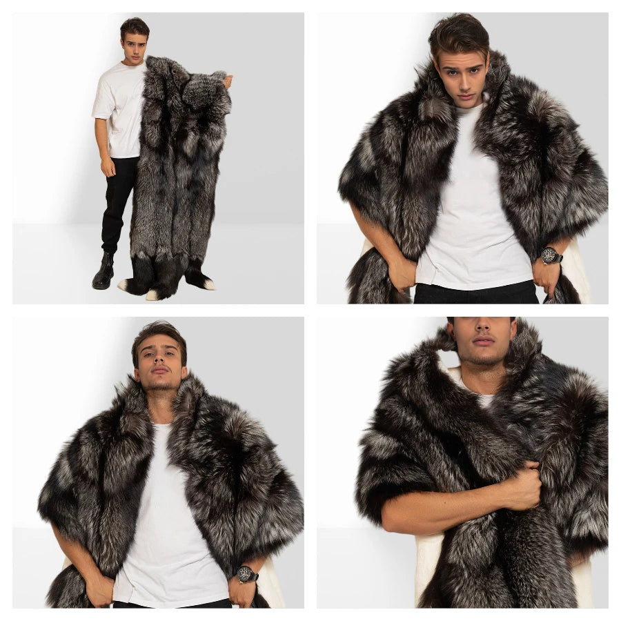 Unisex Double Face Silver Fox & White Rex Boa-Cape With Tails Real Fur Scarf Long Hot Selling Warm Natural Fur Scarf