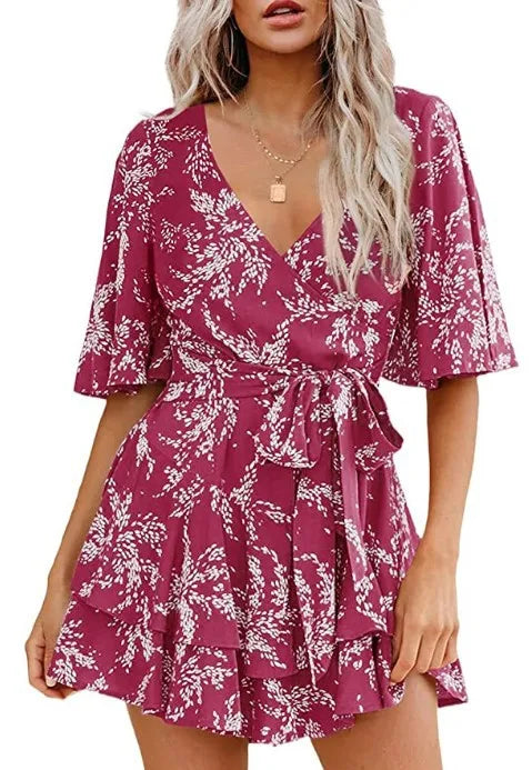 Hot-selling Women's Jumpsuits V-neck Flared Sleeves High Waist Plant Printed Pleated Lace-up Fashion High Street Playsuits