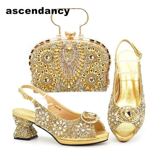 Italian Shoes and Bags Matching Set with Rhinestone Nigerian Women Shoes and Bag Set with Appliques Full Crystal for Dress