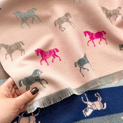 Latest Design Elegance Horse Print Scarve Pashmina Soft Warm Fringe Pashmina Shawl Winter Coldproof Windproof Blanket Scraf
