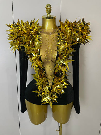 2025 New Shiny Black Rhinestone Velvet Long Sleeve Bodysuit Women Evening Party Club Gala Hosts NightClub Bar Stage Costumes