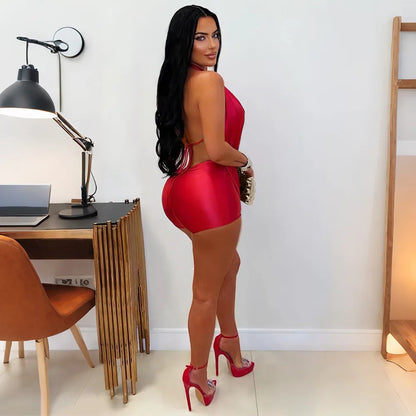 HBLL Sexy Deep V-neck Halter Backless Bodycon Rompers Woman Playsuit Twist Ruched Jumpsuit Short Overalls Night Party Outfits