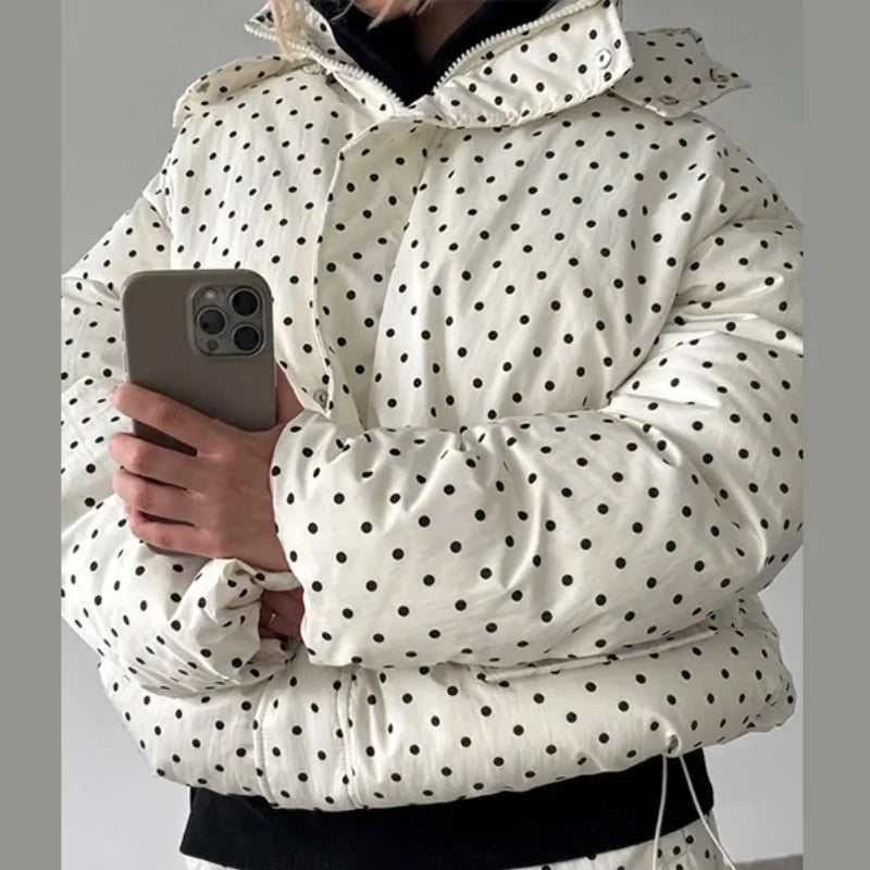 Polka Dots Hooded Cotton Coats Trousers Set 2026 Winter Loose Zippers Drawstring Jacket Elastic Waist Pants Women's Warm Outfits