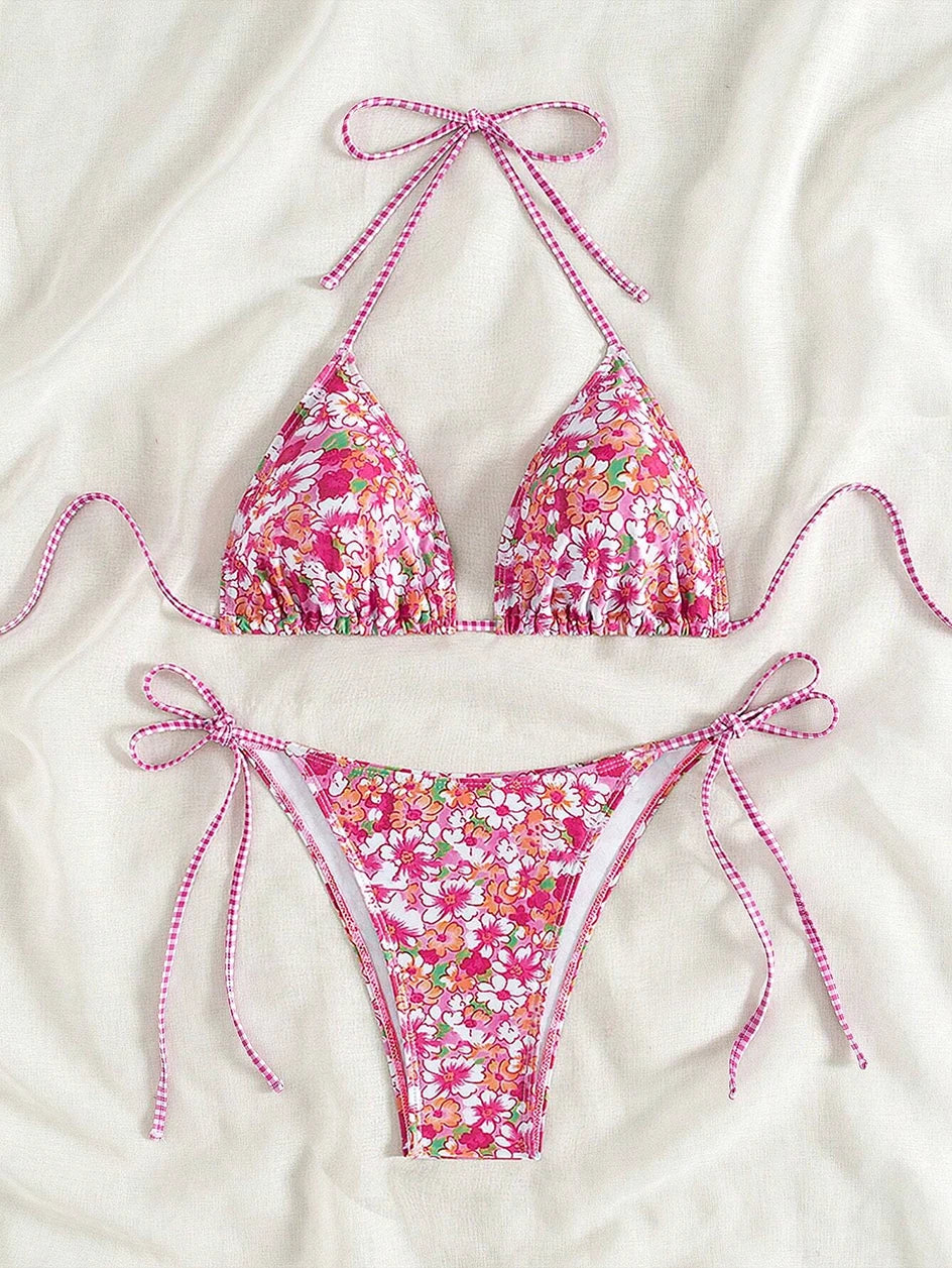 Swimsuit 2026 Female Micro Bikini Women Swimwear Summer Beachwear Women's Bathing Suit Floral Print Neck Halter Thong Bikini Set