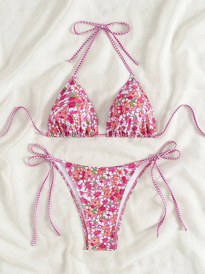 Swimsuit 2026 Female Micro Bikini Women Swimwear Summer Beachwear Women's Bathing Suit Floral Print Neck Halter Thong Bikini Set