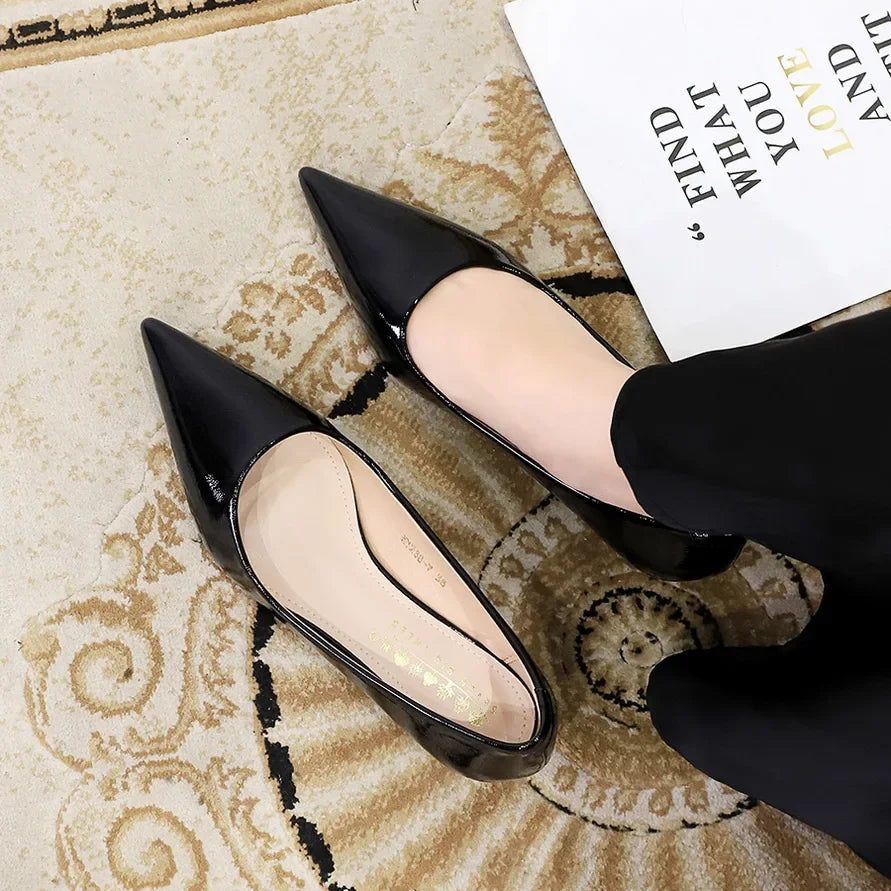 Women Comfortable 3.5cm High Heels Shallow Pointed Toe Work Pumps Lady Glossy Leather Low Heels 2024 Luxury Brand Designer Shoes