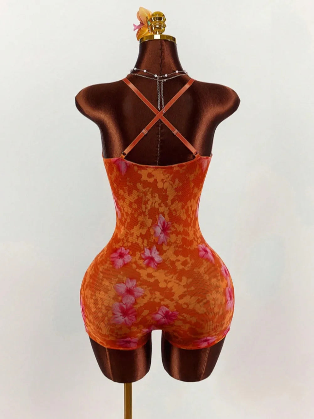 HLJ&GG Vintage Flowers Print Mesh Spaghetti Strap Bodycon One Piece Rompers Women V Neck Sleeveless Jumpsuits Fashion Overalls