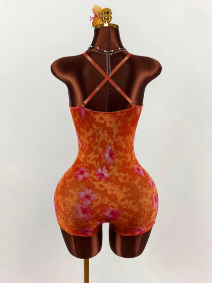 HLJ&GG Vintage Flowers Print Mesh Spaghetti Strap Bodycon One Piece Rompers Women V Neck Sleeveless Jumpsuits Fashion Overalls