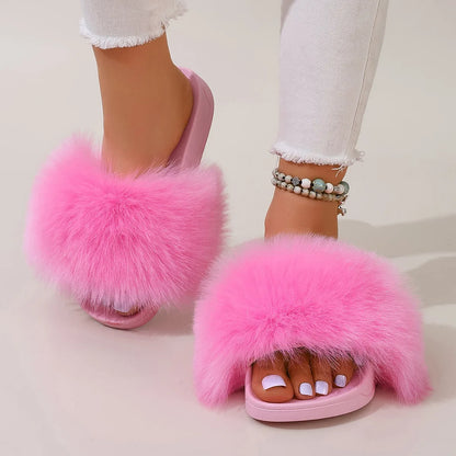 Fashion Fox Fur Slides Women Luxury Designer Summer Sandals Ladies Furry Lazy Slippers Fluffy Flip Flops Shoes Plus Size Shoes