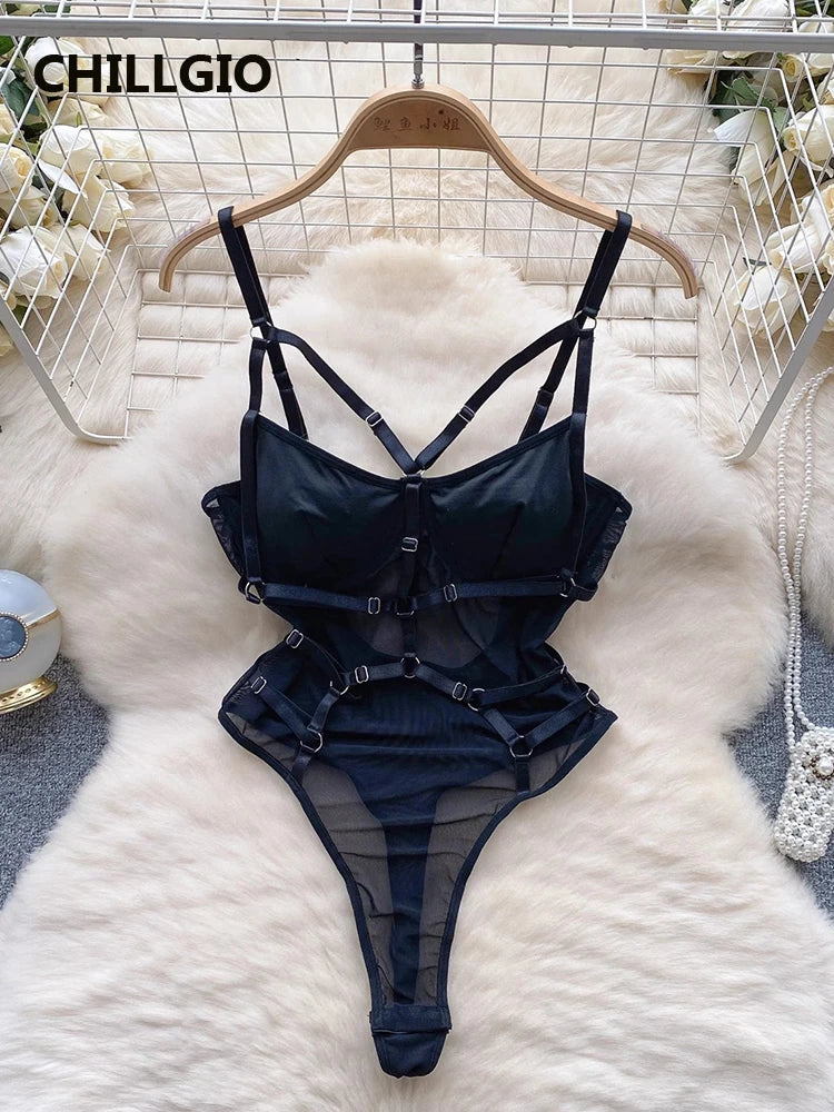 CHILLGIO Women Sexy Lace Strappy Rompers Lingerie One Piece Combination Bodycon Catsuits Sheer Fashion Solid Push Up Bodysuits