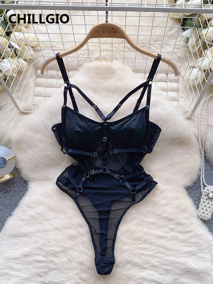 CHILLGIO Women Sexy Lace Strappy Rompers Lingerie One Piece Combination Bodycon Catsuits Sheer Fashion Solid Push Up Bodysuits