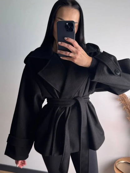 Women Short Wool Blend Trench Coat Lapel Collar Belted Waist Wrap Long Sleeve Loose Overcoat Casual Autumn Winter Lady Jackets