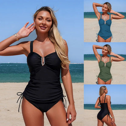 Nylon Tankini Swimsuit Two-Piece Swimwear High Elasticity Quick Dry Female Adult Pure Color European Style Swimming Water Sport