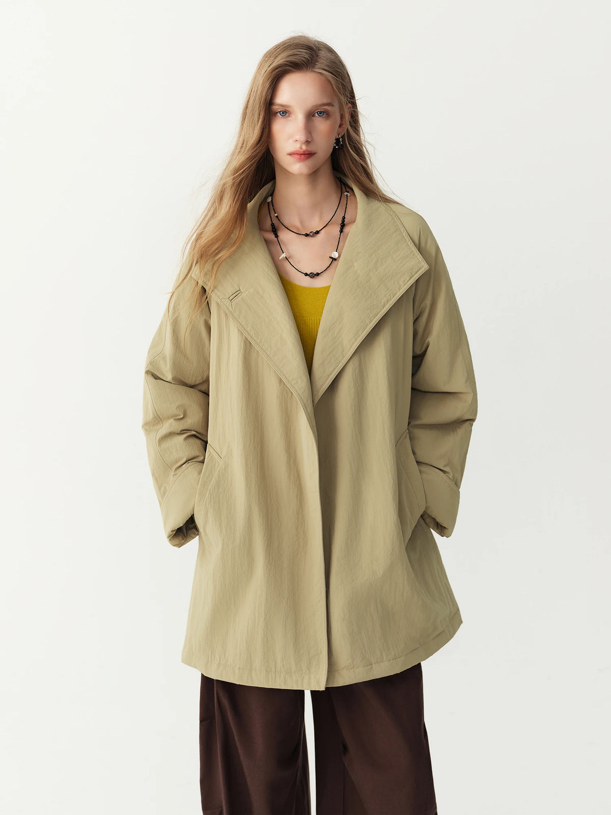FSLE 2026 Winter New Women's Commute Stand Collar Direct Down Fill Trench Style Down Puffer Coat Warm Thick Quilted Outerwear