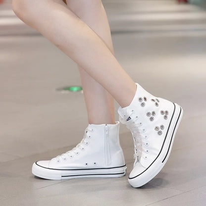 Breathable Hollow Canvas Short Boots Summer Women Black Casual Shoes Punk Rivet Flat Bottomed Shoes 2CM Woman High top Sneakers