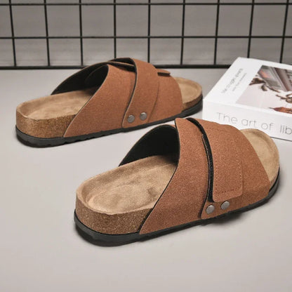 Cork Slippers Men Summer Beach Slides Suede Leather Womens Flat Sandals Fashionable Outdoor Male Mules Non Slip Babouche Femm