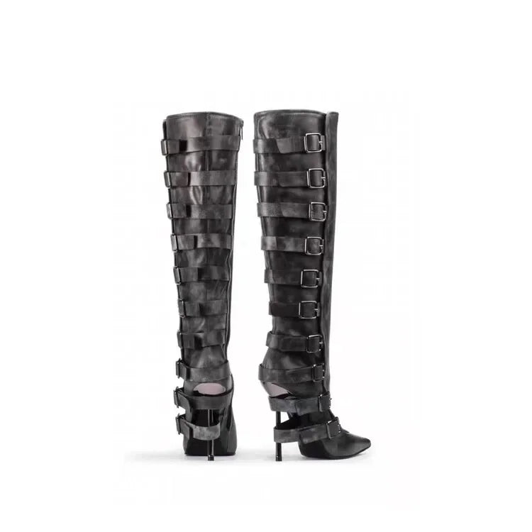 New Belt Buckle Stiletto High Heels Knee Length Boots Autumn/Winter Women's Fashion Pointed Party 34-46 Large Medium Boots