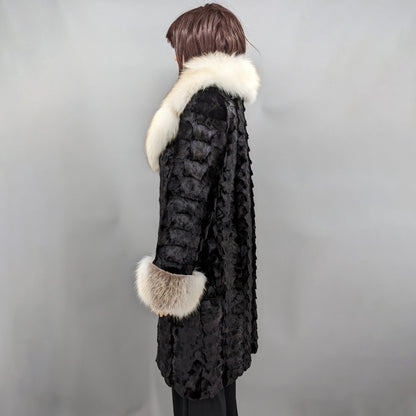 long mink fur black coat with big furry fox fur collar and cuffs overcoat length 95 cm 241205