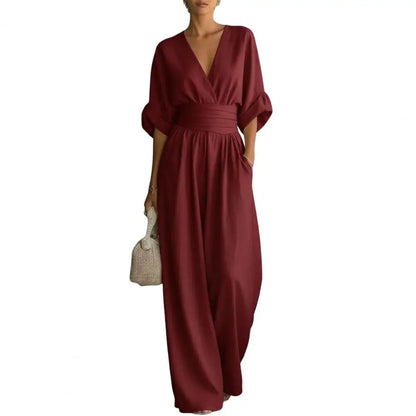 Women's One Piece Jumpsuits Casual V-Neck Short Sleeve Wide Leg Rompers Summer High Waist Beach Vacation Outfits with Pockets