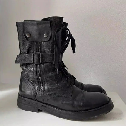 Retro Round Toe Black Leather Workwear Boots Men Rivets Belt Buckles Side Zipper Straps Punk Style Motorcycle Riding Boots