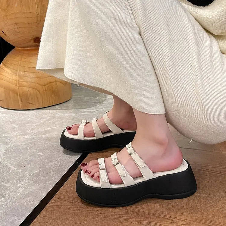 Women Thicken Soled Buckle Strap Sandals Platform High Heel Shoes Ladies Cut-Out Slippers Open Toe Flipflops Silver Beach Slides
