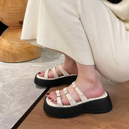 Women Thicken Soled Buckle Strap Sandals Platform High Heel Shoes Ladies Cut-Out Slippers Open Toe Flipflops Silver Beach Slides