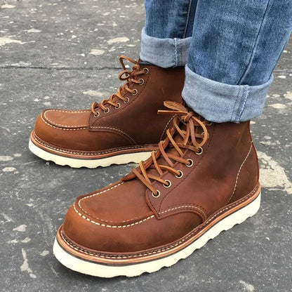 Men's Goodyear-Welted Vintage Genuine Leather Mid-calf Motorcycle Boots Round toe Casual Punk Dress Boots Work Shoes Western Red