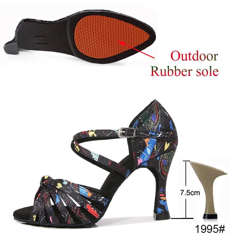 Latin Dance Shoes Women's Flower Satin Salsa Tango Ballroom Party High Heel Women's Shoes Summer Dance Sneakers Outdoor Sandals