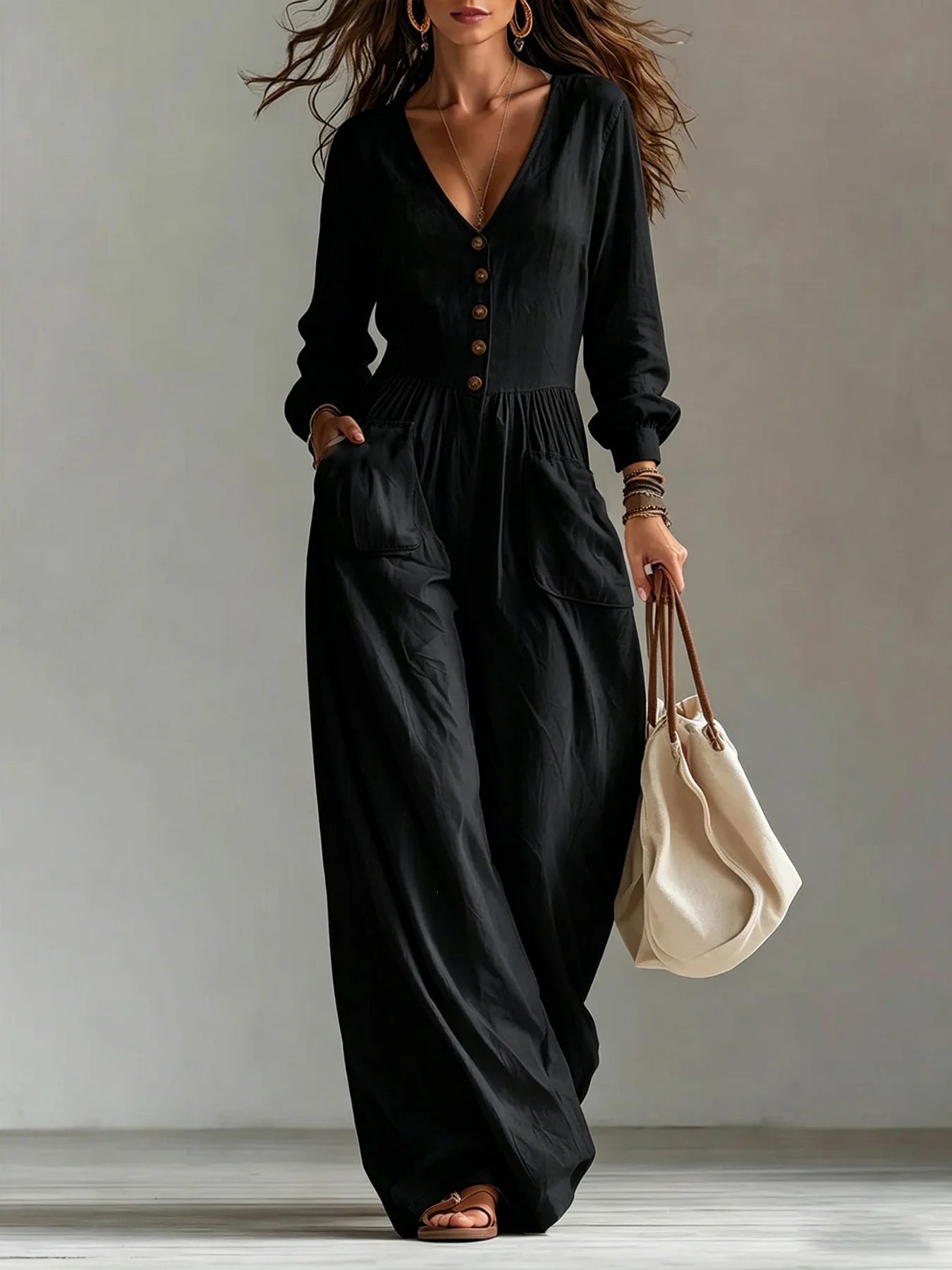 Women White Jumpsuit Deep V Neck Long Sleeve Button Front Wide Leg Rompers Casual Loose Pockets Overalls Vacation Beach Outfit