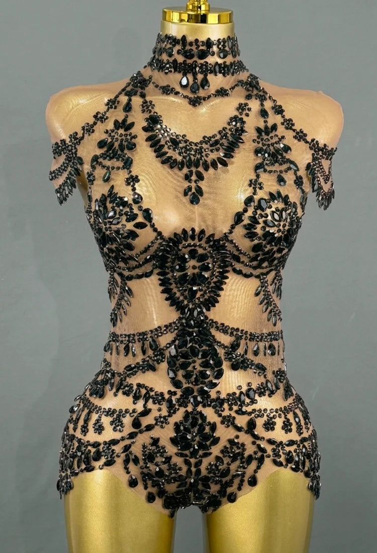 Sparkly Rhinestones Bodysuit for Women Sexy Mesh Transparent Performance Dance Costume Singer Dancer Show Stage Wear