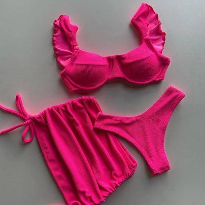 Solid Wavy Fabric Low Waist Bikini Set Cover Up Swimsuit For Women Push Up Ruffle Three Pieces Swimwear 2026 Beach Bathing Suits