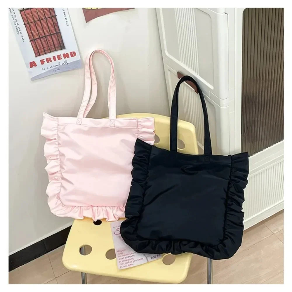New Elegant Vintage Women Casual Tote Bags French Style Ruffles Shoulder Bag Large Capacity Versatile Handbag