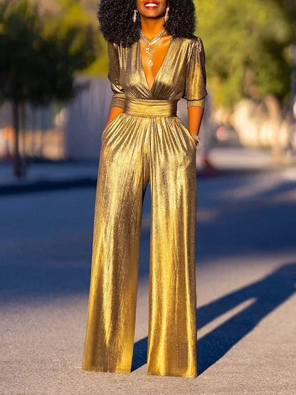 Uoozee Female Fashion Sexy Deep V-neck High Waisted Wide Leg Jumpsuits 2025 New Long Sleeves Solid Color Loose Party Outfits