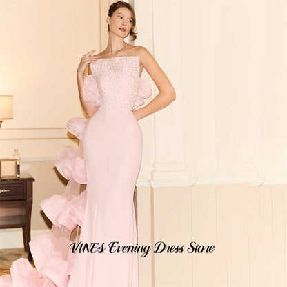 VINES Pink Prom Dresses Strapless Sleeveless Gala Dresses with Train Wrap Hips Saudi Arabic Satin Evening Party Gown Customized