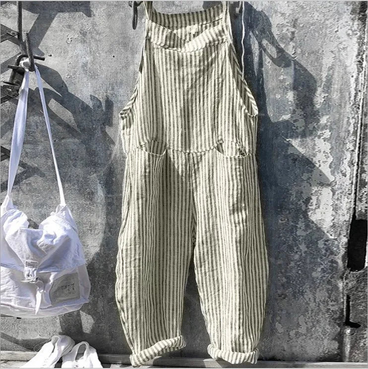 Women's Stripe Jumpsuits Cargo Pants Wide Leg Pants Trousers Multicolor Ethnic Bib Sleeveless Casual Loose Jumpsuit With Pockets