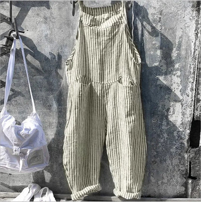 Women's Stripe Jumpsuits Cargo Pants Wide Leg Pants Trousers Multicolor Ethnic Bib Sleeveless Casual Loose Jumpsuit With Pockets