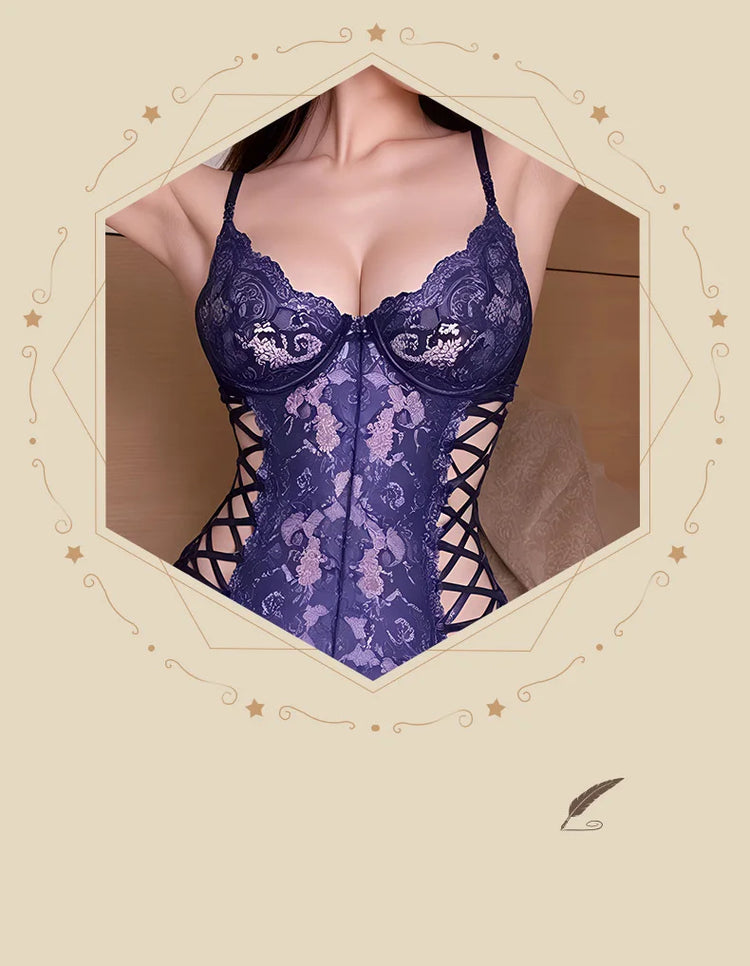 Sexy lingerie Bodysuit lace hollow strap with steel ring suspender body shaping jumpsuit Sexy underwear Sexy costume Sex shop