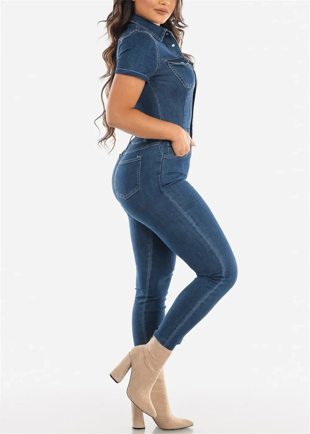 Women's Spring New Sexy Fashion Slim-fit Denim Rompers Short Sleeve Lapel Single Breasted Denim Rompers Pencil Pants Jumpsuit