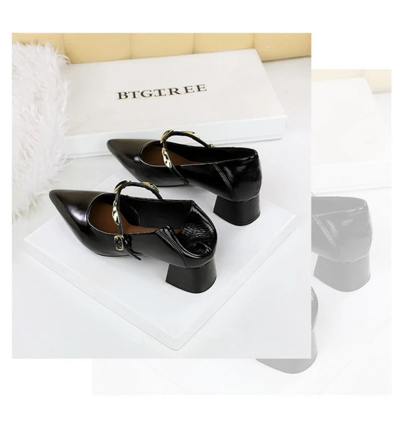 Women Korean Vintage Soft Split Cow Leather Pointed Pumps Simple Single Metal Buckle Strap Mid Chunky Heel Comfort Office Daily
