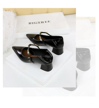 Women Korean Vintage Soft Split Cow Leather Pointed Pumps Simple Single Metal Buckle Strap Mid Chunky Heel Comfort Office Daily