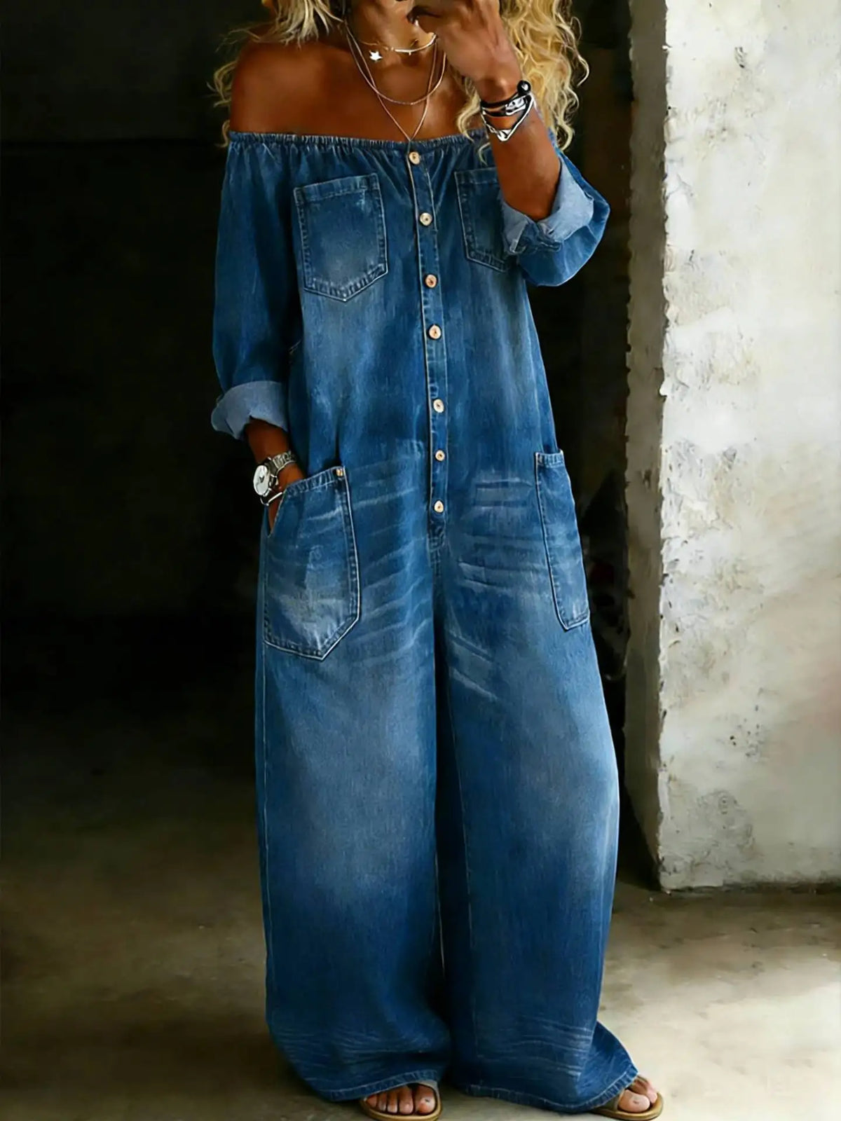 2026 Fashion Retro Imitation Denim Jumpsuit for Women Summer New Single-Breasted Off-shoulder Long Loose Rompers Overalls Pants